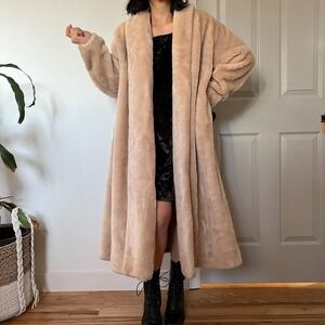 Vintage 50s Beige Faux Fur Swing Coat‎ Old Hollywood Glam L XL